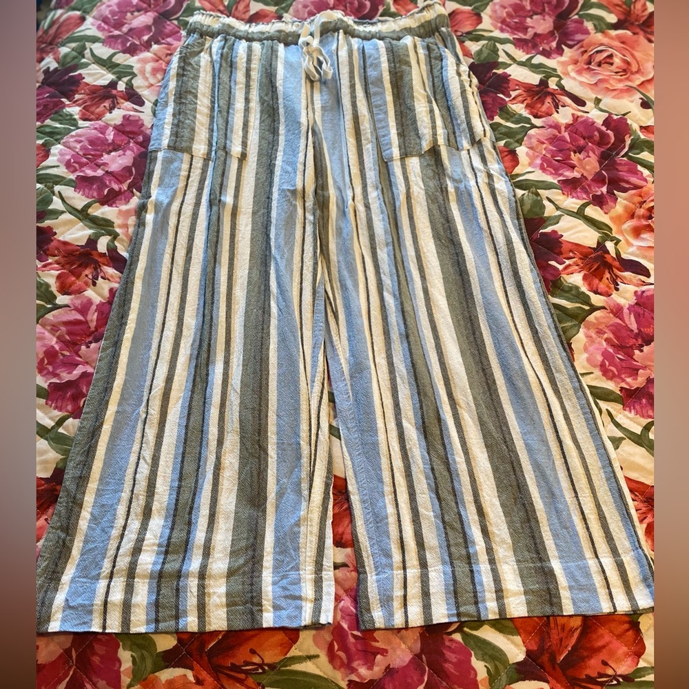 Erika Striped Wide-Leg Drawstring Pants - Blue & Cream
